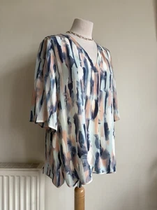 POETRY 100% Silk Blouse Top. UK 14 16. 41" Grey Blue Peach Watercolours Painter - Picture 1 of 14