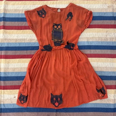 Antique 1920s Halloween Dress Silk & Dennison Paper Diecuts Owl Cat +  Vintage - Image 1 of 4