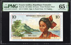 Billete Antillas Francesas 10 Francos 8b 1964 PMG64 Gema UNC EPQ HERMOSO Y PERFECTO - Imagen 1 de 2
