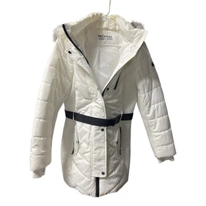 Michael Kors Puffer Hooded Detachable Faux Far Collar Jacket with MK Logo Belt - Picture 1 of 4