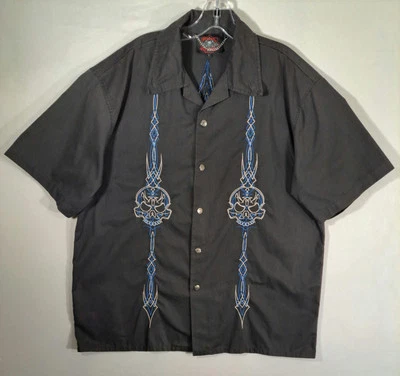 Dragonfly Roadhouse Shirt Mens L Black Button Up Short Sleeve Skull Grunge Biker - Image 1 of 4