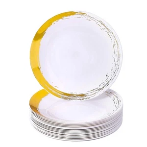 Gold Brush Stroke Rimmed Plastic Dessert Plates for Party (10 PC) Heavy Duty ... - Picture 1 of 6