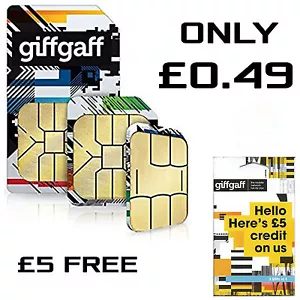 Giffgaff SIM-Karte Nano Micro 3 in 1 Größe KOSTENLOS £5 Kredit Giff Gaff PAYG 4G Daten - Bild 1 von 3