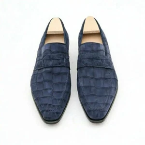 Men Handmade Leather Shoes Blue Crocodile Pattern Formal Dress Loafer Shoe - Foto 1 di 5
