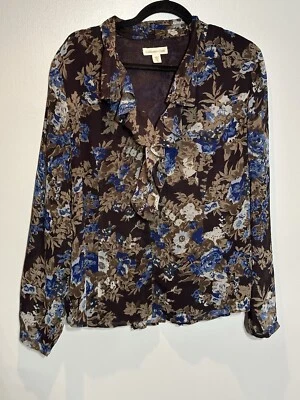 Coldwater Creek Blouse Floral Button Up Top Size XL V-neck Ruffle Fairy Romantic - Image 1 of 4