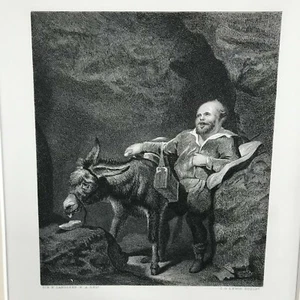 Edwin Landseer Engraving Print Antique 1880 - Sancho Panza & Donkey /Don Quixote - Picture 1 of 9