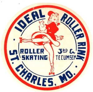Pista de rodillos ideal vintage St. Charles, MO. Etiqueta adhesiva patinaje años 40 - Imagen 1 de 2