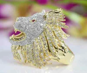 3.84 Ct Round Cut Moissanite Men Lion Head Pinky Ring 14k Yellow Gold Plated - Picture 1 of 5