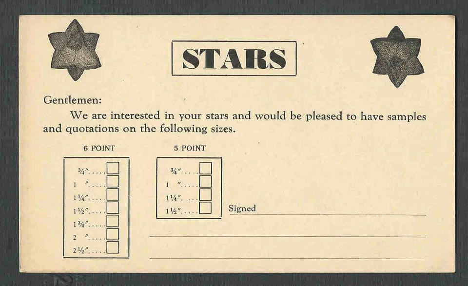 Ca 1937 PC CLEVELAND OH JOHNSTON & JENNINGS MFG OF 5 & 6 POINT STARS, UNPOSTED - Image 1 of 1