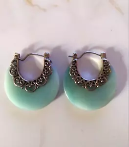 Bali Design MILKY AQUAMARINE CRESCENT HOOP EARRINGS Sterling Filigree 7.0 gm NEW - Picture 1 of 10