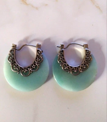 PENDIENTES ARO MEDIA LUNA AGUAMARINA LECHOSA Diseño Bali Filigrana Esterlina 7.0 gm NUEVO Foto 1 de 4