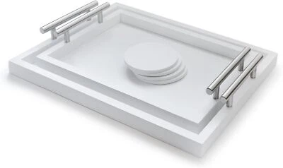 Serving Tray Wooden Set of 2 Bamboo White &Black Sleek Metal Handles 4 Coasters - Image 1 of 4