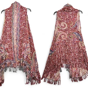 Bohemian Floral Paisley Fringe Cardigan One Size Burgundy 70's Long Open Sweater - Picture 1 of 16