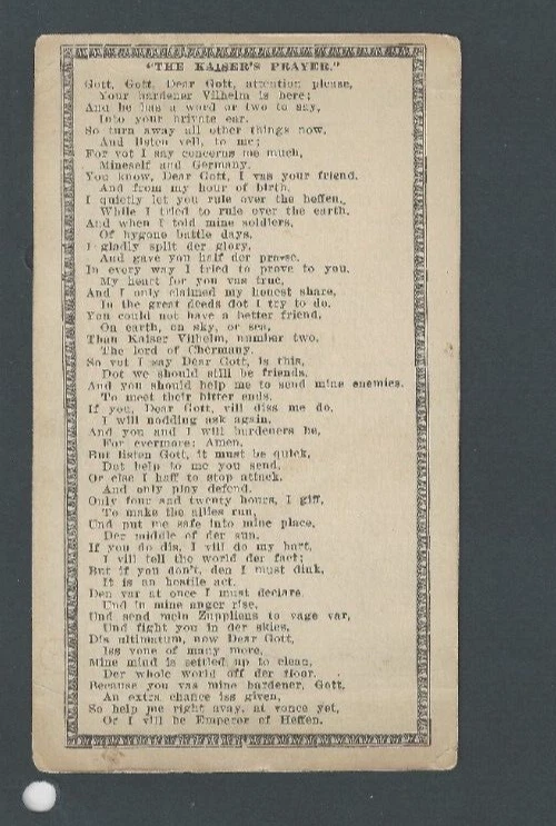 Ca 1915 WWI Poem The Kaisers Prayer Used Not Posted - Image 1 of 1