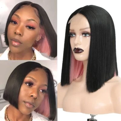 Розовый парик с подсветкой Bob короткий прямой парик Bob 4x2 кружевной передний модный парик для вечеринок - Изображение 1 из 4