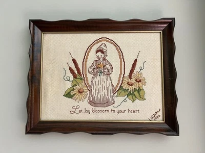 1980s VTG Thanksgiving Harvest Fall Handmade Embroidered Art Piece Wooden Frame - Image 1 of 4