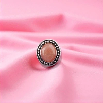 Anel artesanal de prata esterlina pedra da lua pêssego declaração de casamento tamanho 7 - Imagem 1 de 4