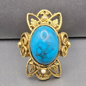 VTG Victorian Revival Turquoise & Faux Seed Pearls Filigree Ring Sz 9 Adjustable - Picture 1 of 10