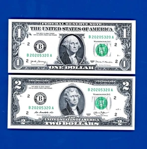 ((MATCHING)) 2 IDENTICAL SERIAL # $1/ $2 2017/ 2013 FANCY GEM UNC - Picture 1 of 2