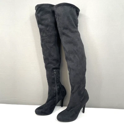 Botas hasta el muslo negras talla 7,5 elásticas imitación gamuza plataforma 5" tacones parachoques Foto 1 de 4