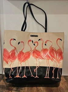 Kate Spade Pink Flamingo Canvas Tote Bag Large Beige Black On The Wild Side - Picture 1 of 8