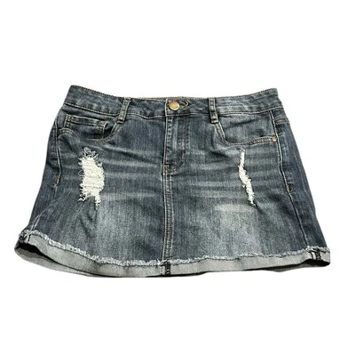 Dollhouse Junior Womens Skirt Size 5 Blue Distressed Denim Stretch Mini Jean - Image 1 of 4