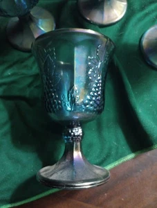 Indiana Blue Carnival Glass Harvest Grape Set Vintage 4-Footed Goblets - Picture 1 of 2