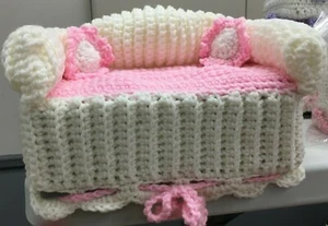 Sofa Style Tissue Box Cover Handmade Crochet  White with Pink Accents - Picture 1 of 2