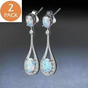 2x 925 Sterling Silver Fire Opal Dangle Drop Women Fashion Jewelry Stud Earrings - Picture 1 of 9