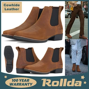 Rollda Men Rodeo Western Cowboy Boots Wide Square Toe Leather Chelsea Ankle Boot - Picture 1 of 24
