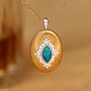 Vintage Retro Satin Eyes Opal Natural Diamond Women Pendant 14K Yellow Gold Gift - Picture 1 of 9
