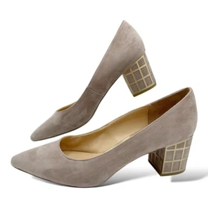 Brian Atwood Karina Taupe Suede Block Heel Pumps With Gold Grid Heel Design 10 - Picture 1 of 16
