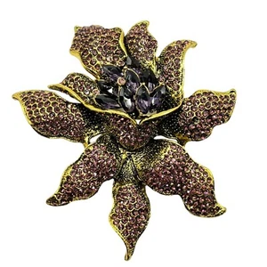 Purple ORCHID BROOCH Pin Navette Rhinestone Flower Lily 3.6" Costume Jewelry - Picture 1 of 7