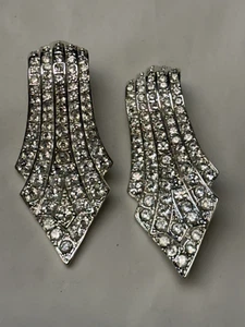 Coppia orecchini clip vintage Carolee tono argento strass stile art deco - Foto 1 di 7