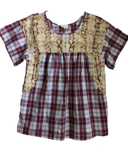 Layerz Clothing Top Womens Sz S Burgundy Plaid Floral Embroidered Short Sleeve - Picture 1 of 6