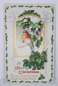 A Merry Christmas Mistletoe Holly Branch And Robin Embossed - Picture 1 of 2