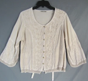 Womens Beige Blouse Size L Embroidered Bell Sleeve Button Up - Picture 1 of 8
