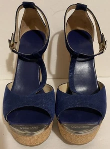 Jimmy Choo Blue Wedges Ankle Strap Shoes -sz 38.5~Stylish~ Made In Italy - Picture 1 of 11