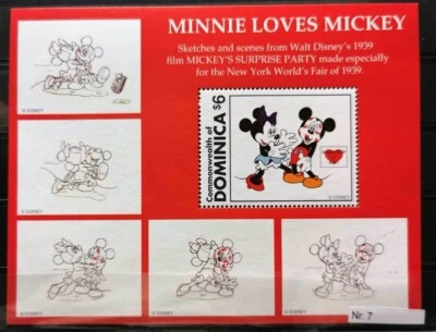 Ddn7 Dominica MNH Disney Cartoons Animation Minnie loves Mickey Drawings - Image 1 of 4
