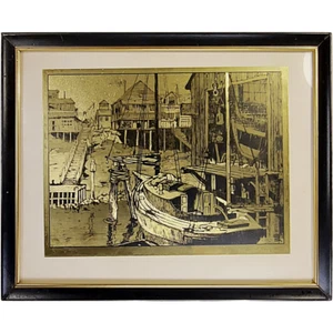 Vintage Gold Foil Etching "Water Front" Lionel Barrymore Signed & Framed - Picture 1 of 6