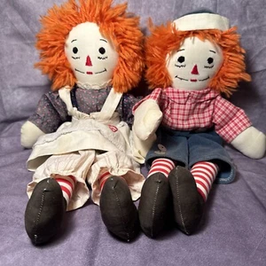 Vintage Raggedy Ann and Andy Cloth Dolls Set with Classic Red Hair Striped Socks - Picture 1 of 17