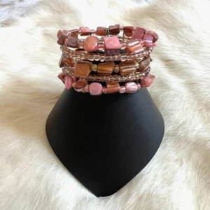 Coquette Abalone Shell Bracelet Pink Dyed Glass Boho Silver Tone Beachy 13383 - Picture 1 of 9