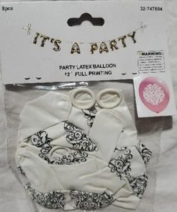 8pcs Pack It's A Party Balloons, NEW 12" White & Black W/print - Picture 1 of 9