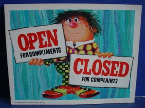 Roth Easel Back Store Sign 1970s OPEN for COMPLIMENTS CLOSED for COMPLAINTS - Picture 1 of 12