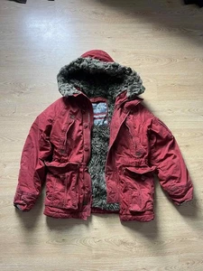 Abercrombie Fitch Mt Washington Jacket Medium Parka Faux Fur Military Hood Red - Picture 1 of 8