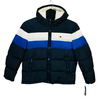 Tommy Hilfiger Men’s Hooded Puffer Jacket Size XL Blue White Quilted Winter Coat - Image 1 of 4
