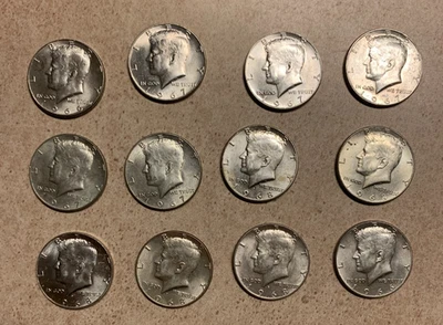 Lote de 12 bonitas monedas Kennedy de medio dólar 40 % plata 1966, 1967 y 1968 Foto 1 de 4