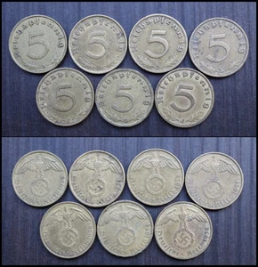 Lot of 7 coins - 5 Reichspfennig 1938 - ABDEFGJ full set German coins - #Y2 - Picture 1 of 10