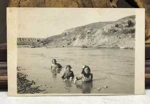 3 Young Girls in Water c1910s AZO Postcard - Damaged - Picture 1 of 6