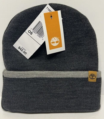 $42 Timberland Gorro Gris Puños, Suave Doble Capa Tejido Sombrero Cuero Ajustes Logo Foto 1 de 4